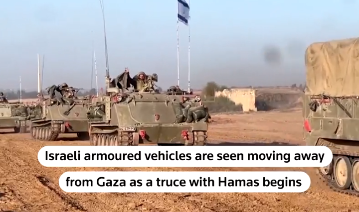 Tank-tank Israel bergerak menjauh dari Jalur Gaza di ujung utara, dan truk bantuan datang dari Mesir di ujung selatan. Reuters.
