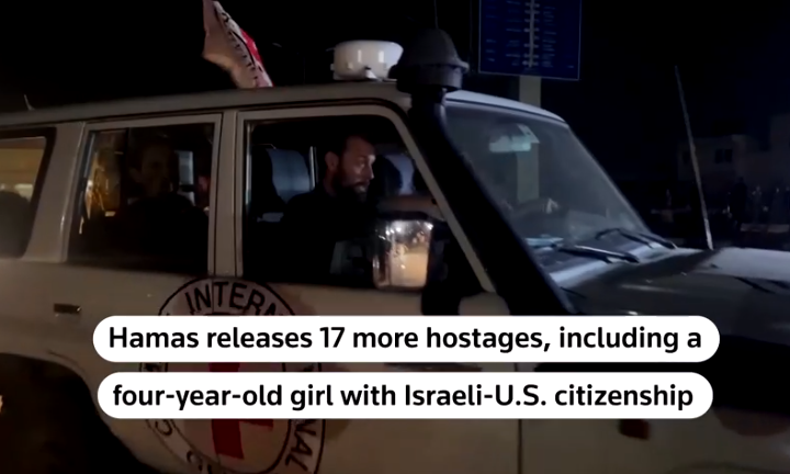 Hamas membebaskan 17 sandera yang ditahan di Gaza, termasuk seorang gadis Amerika berusia empat tahun, pada Minggu, 25 Nov 2023. REUTERS.