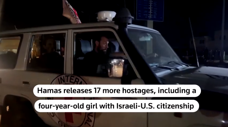 Hamas membebaskan 17 sandera yang ditahan di Gaza, termasuk seorang gadis Amerika berusia empat tahun, pada Minggu, 25 Nov 2023. REUTERS.