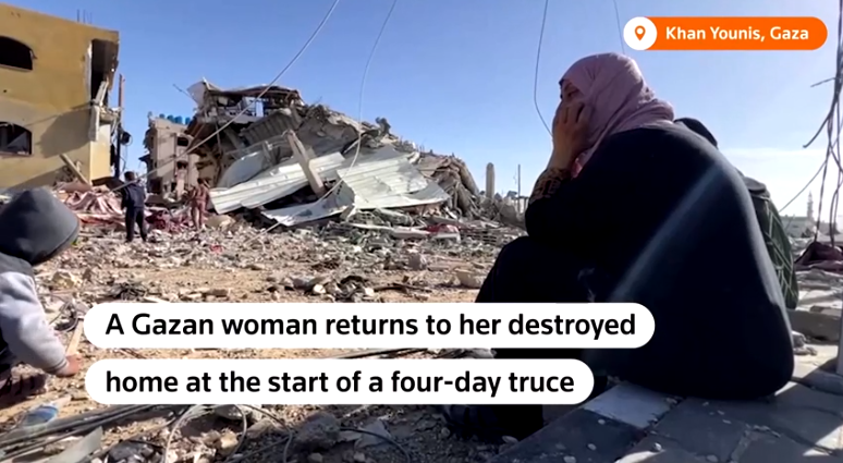 Tahani al-Najjar memanfaatkan ketenangan pada hari Sabtu untuk kembali ke reruntuhan rumahnya, yang dihancurkan oleh serangan udara Israel yang menurutnya menewaskan tujuh orang.